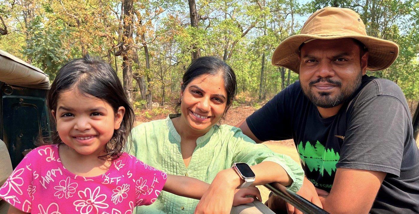 Debadityo, Parul and their daughter Teekshita together on a forest safari in Central India
